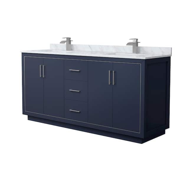 Wyndham Collection Icon 72 in. W x 22 in. D x 35 in. H Double Bath Vanity in Dark Blue with White Carrara Marble Top