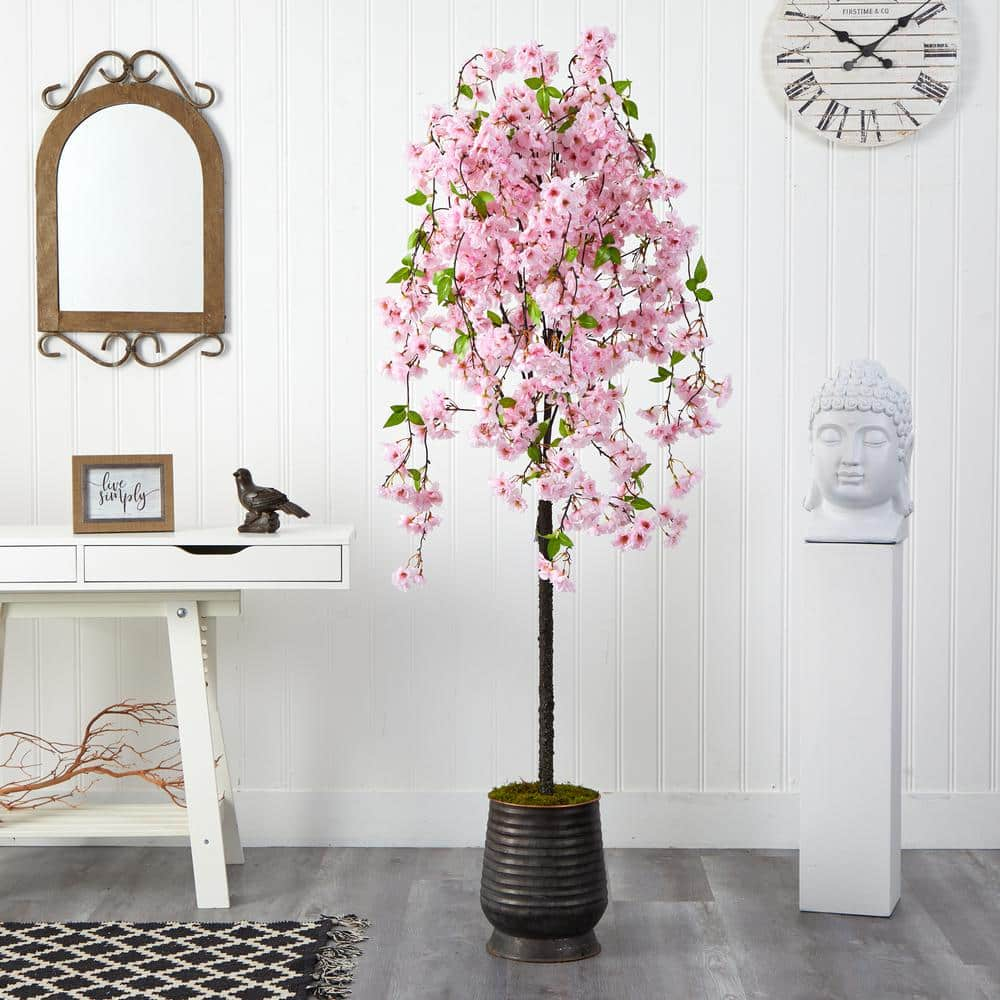 Nearly Natural 6 ft. Cherry Blossom Artificial Tree in Ribbed Metal