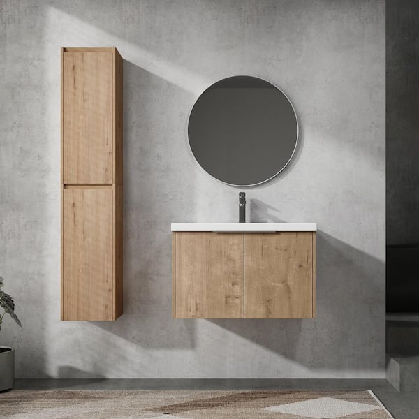 30 in. Single Sink Floating Imitative Oak Bath Vanity with White Resin Top and 2 Side Cabinets Unassembled