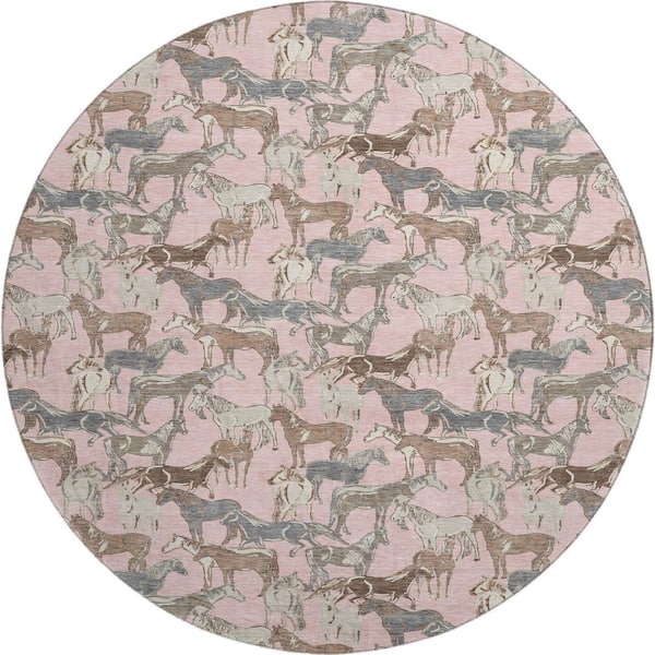 Mayfield Premium Machine Washable Abstract AMF2520 Pink 8 ft. x 8 ft. Round Rug