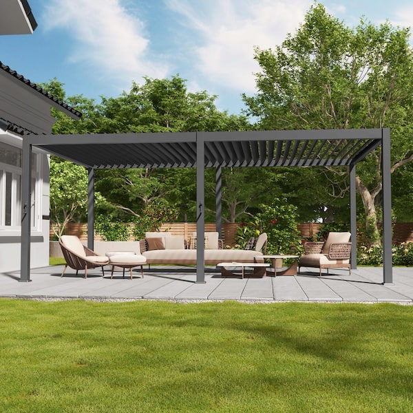 12 ft. x 20 ft. Modern Aluminum Frame Pergola for Outdoor Garden with Adjustable Louvered Roof, Gray