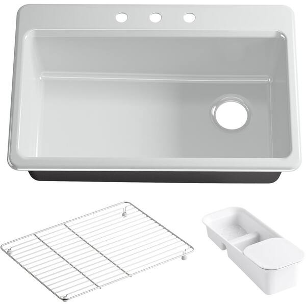 KOHLER Riverby Drop-In Cast-Iron 33 in. 3-Hole Single Bowl Kitchen Sink Kit with Accessories in Ice Grey