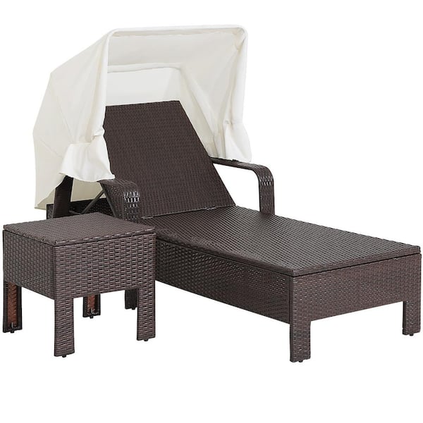 Gymax 2 Pieces Mix Brown Wicker Outdoor Chaise Lounge with Side Table Folding Canopy Cushion Pillow