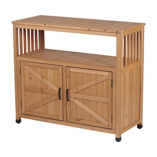 Rectangular Wood Outdoor Side Table, Patio Bar Table Buffet Sideboard with 2-Doors and Storage Shelf in Light Brown