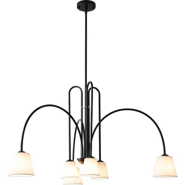 6 Light Black Rustic Linear Chandelier with White Fabric Shade Farmhouse Pendant Light Fixture