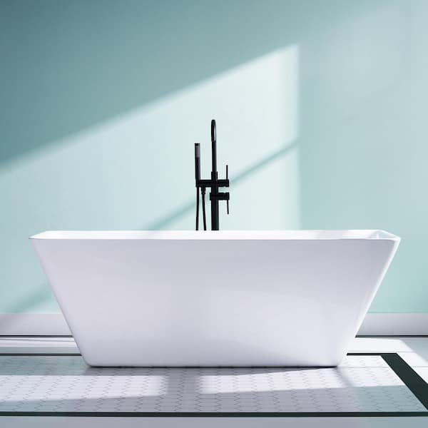 Square 66 in. x 29 in. Acrylic Flat Bottom Freestanding Soaking Bathtub with Drain and Overflow in White