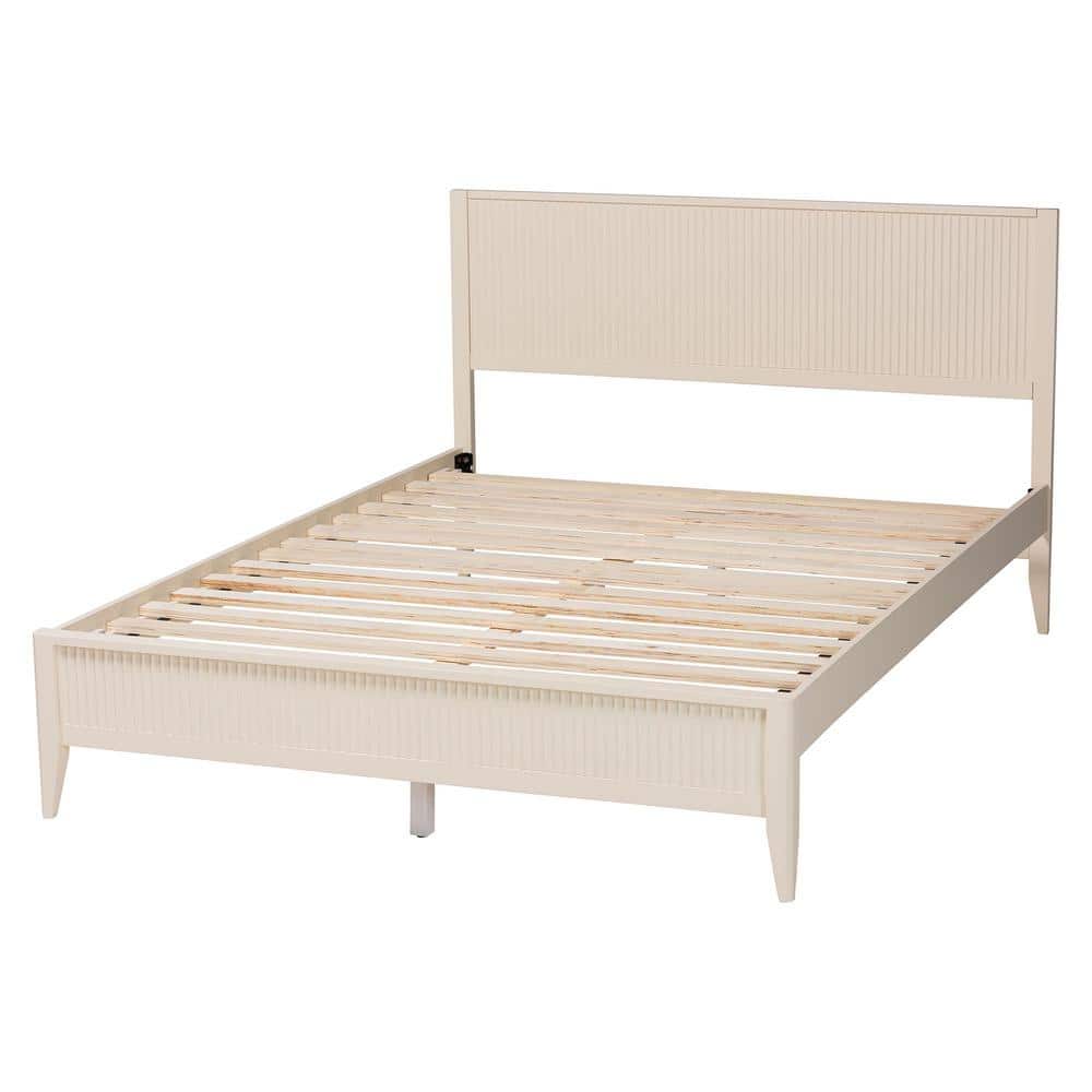 Ivory Fluted Wood King Platform Bed with Slats
