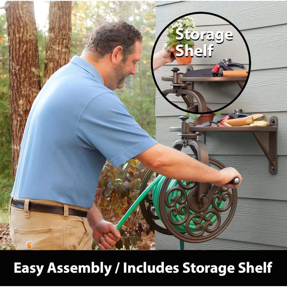 Brown Steel Wall Mount Rotating Hose Reel with Storage Tray
