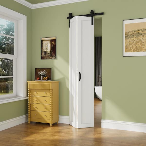 ARK DESIGN 25 in. x 84 in. 1-Paneled White Primed Composite MDF Bifold Sliding Barn Door with Hardware Kit