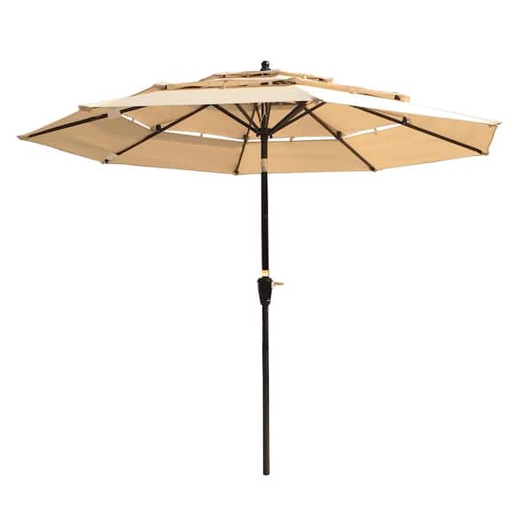cenadinz 9 ft. 3-Tiers Outdoor Patio Umbrella with Crank and tilt and Wind Vents in Tan