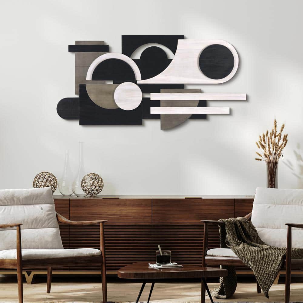 Luminous Whisper 48" x 24" Black and White Paulownia Wood Abstract Wall Art