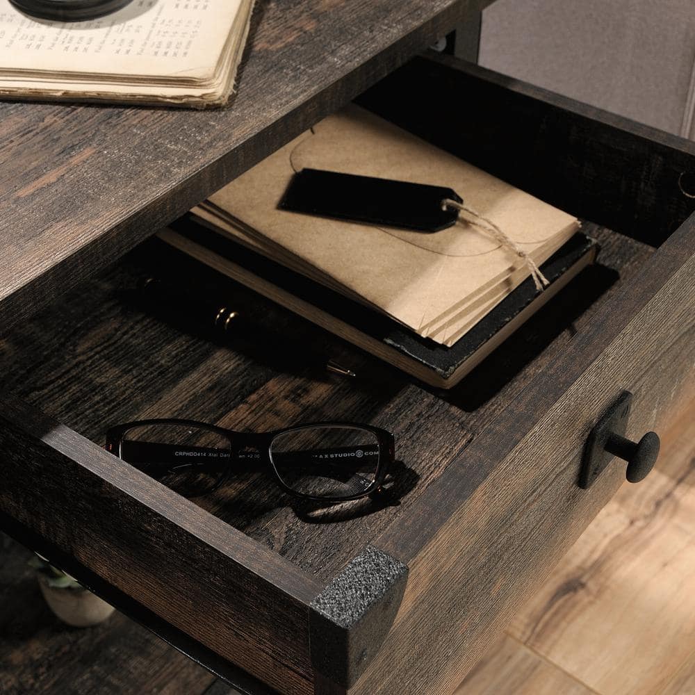 Rustic Carbon Oak Mobile Side Table with Storage Drawer