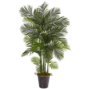 75 in. Green Artificial Areaca Palm Tree in Decorative Metal Pail with Rope Planter