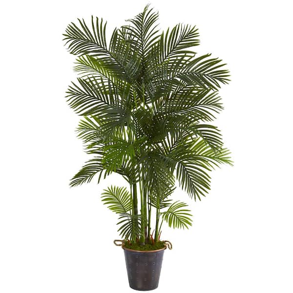 Nearly Natural 75 in. Green Artificial Areaca Palm Tree in Decorative Metal Pail with Rope Planter
