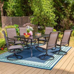 Black 7-Piece Metal Rectangle Patio Outdoor Dining Set with Slat Table and Textilene Swivel Chairs