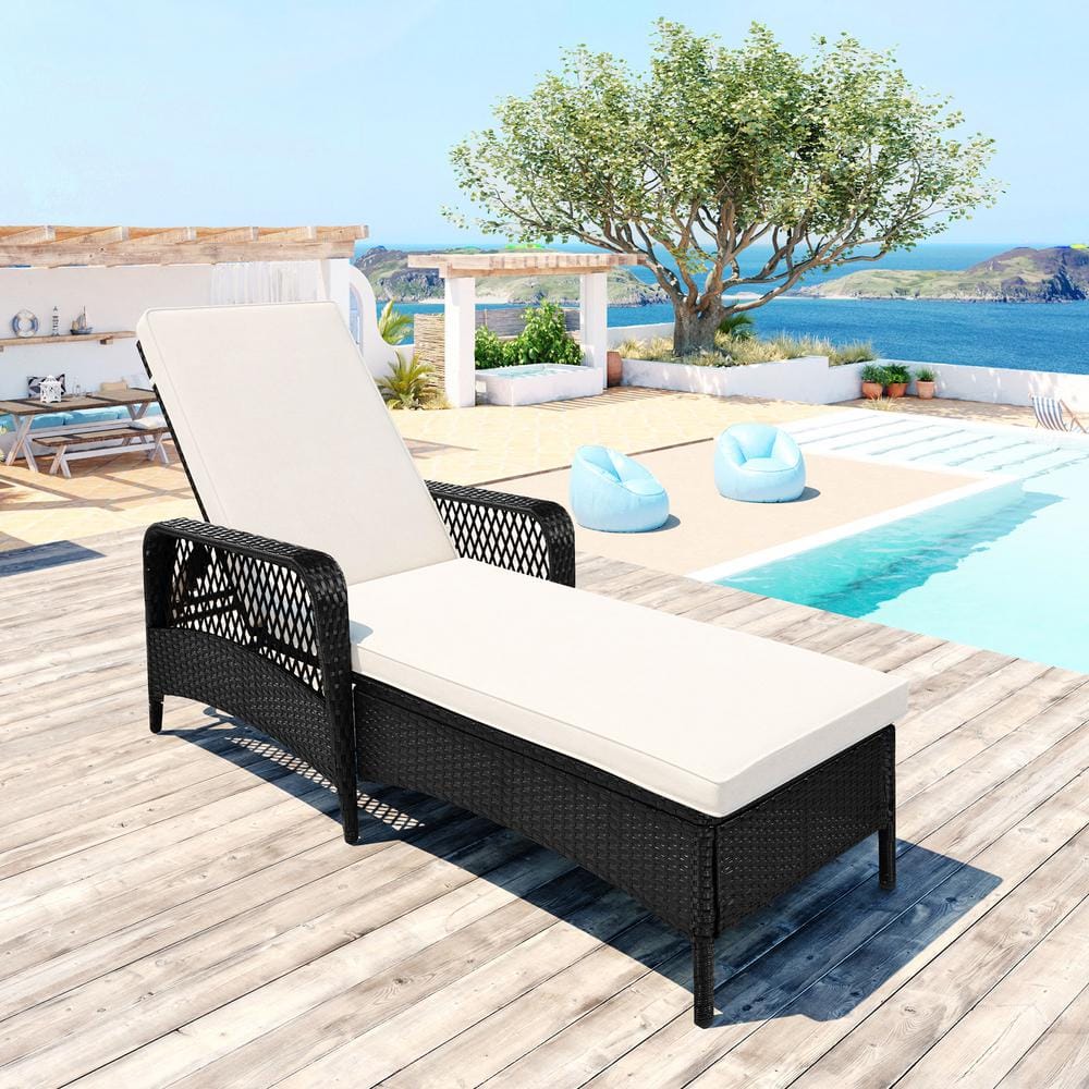 Black Wicker Arm Outdoor Lounge Chair With Beige Cushions LY-LC98166B ...