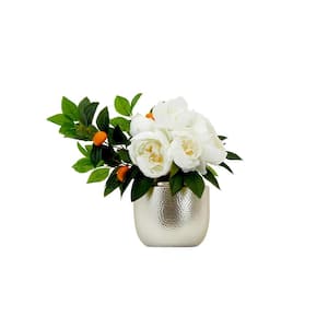 16 in. White Artificial Peony Dahlia Floral Arrangement White Vase