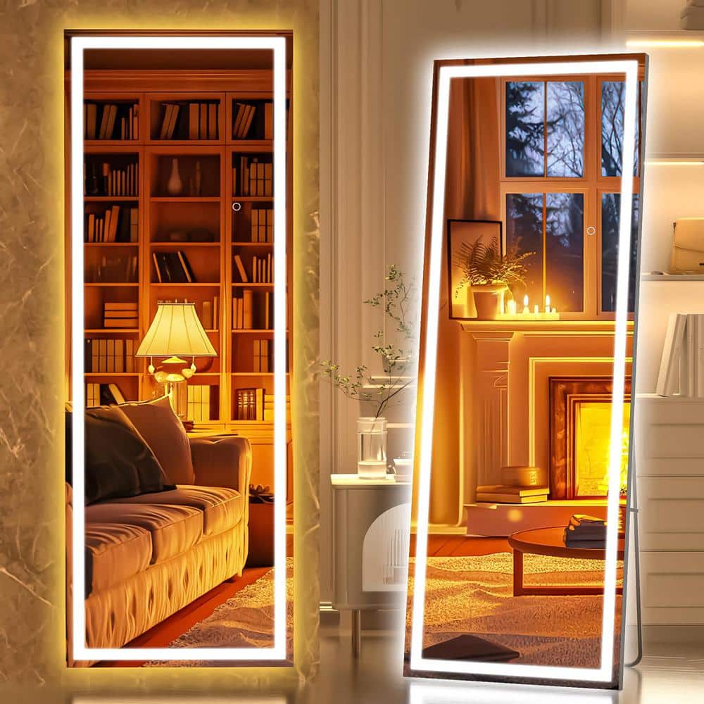 18 in. W x 56 in. H Square Black LED Lighted Floor Standing Mirror, Full Bo