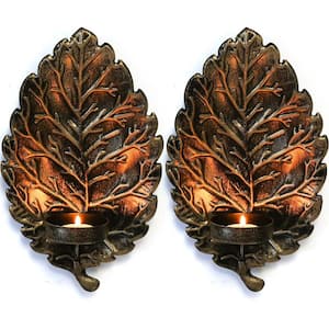 Farmhouse Sconces Wall Decor with Leaf Design, Rustic Metal Wall Candle Holders, Black Candle Sconce (Set of 2)