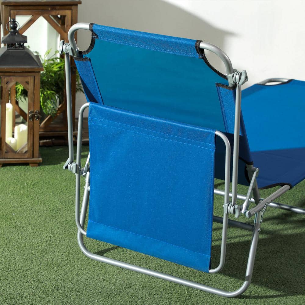 Blue Adjustable Folding Metal Outdoor Chaise Lounge with Sun Shade