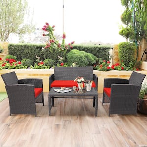Brown 4-Piece Plastic Patio Conversation Set with Red Cushion