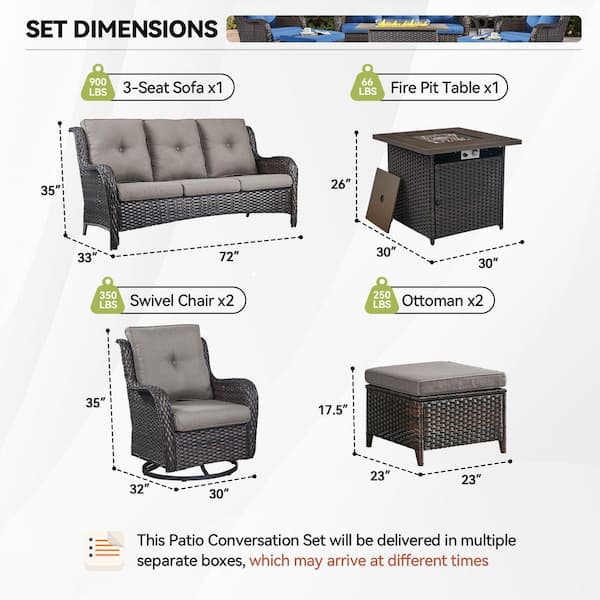 Arcline 6-Piece Brown Wicker Outdoor Chat Sets with Olefin Gray Cushions and Swivel Glider/Couch and Ottoman