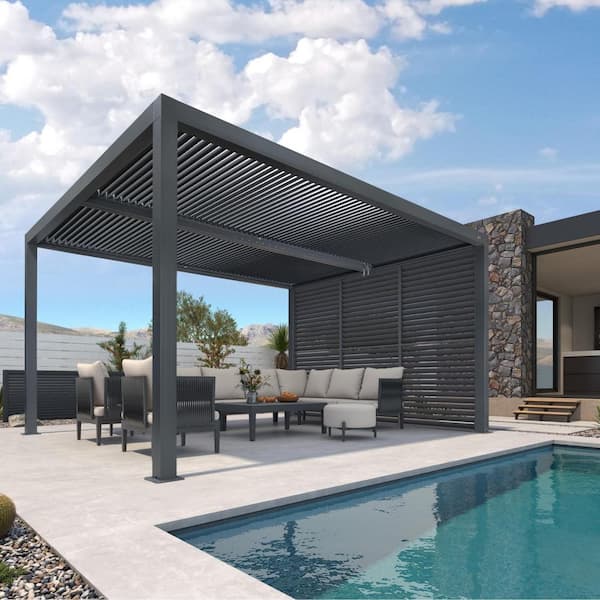 PURPLE LEAF 11 ft. x 14 ft. Gray Aluminum Louvered Pergola with 2 Adjustable Sunshade Roofs and 1-Short Side Fixed Shutter Wall