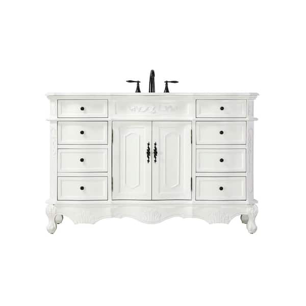 54 in. Single Sink Freestanding Antique White Bath Vanity with Ivory White Engineered Marble Top