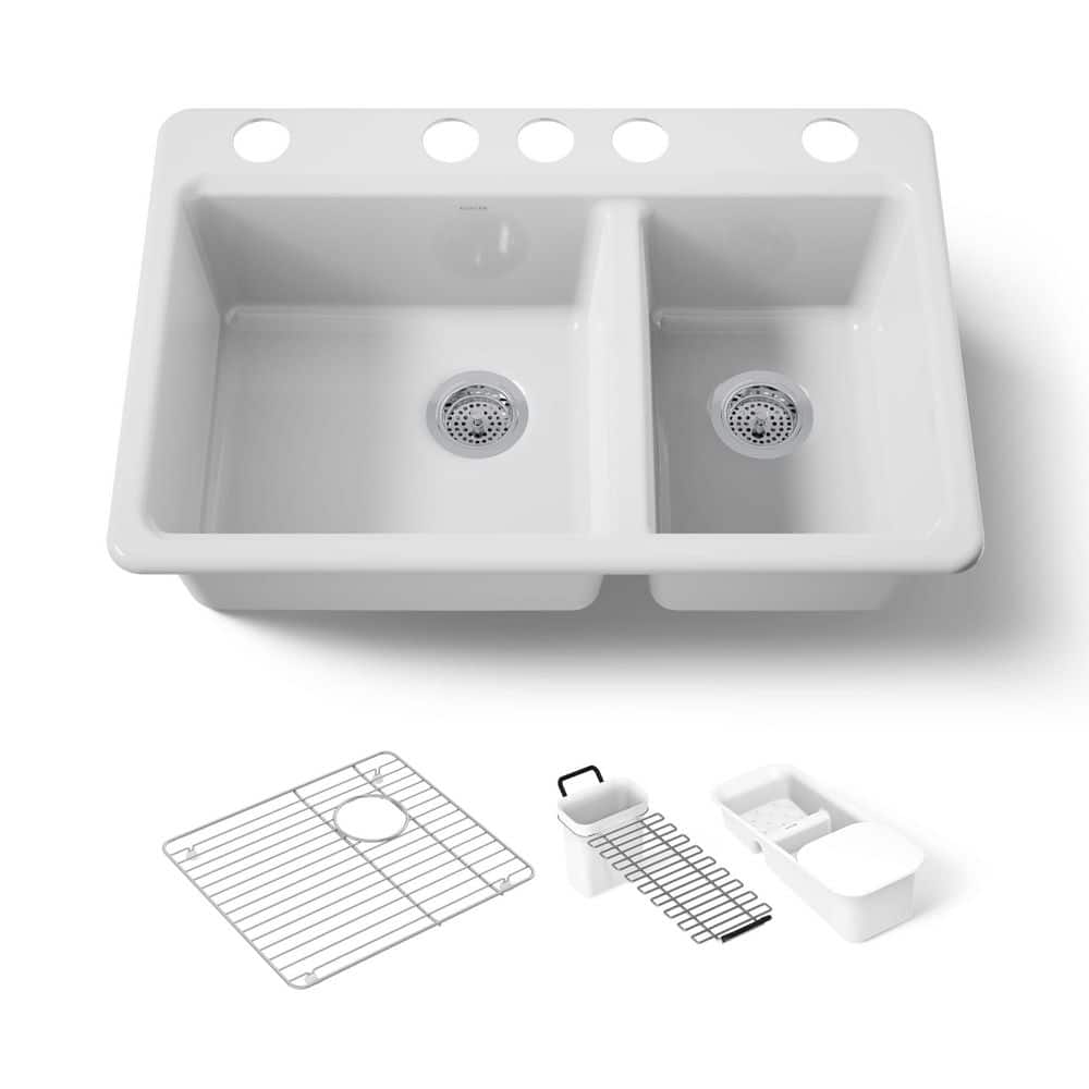 Riverby Undermount Cast Iron 33 in. 5-Hole Double Bowl Kitchen Sink Kit in White price history on PriceWatchPro