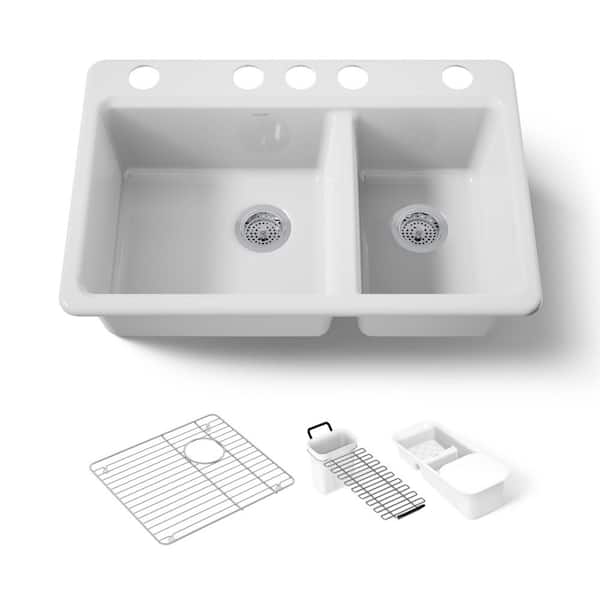 Riverby Undermount Cast Iron 33 in. 5-Hole Double Bowl Kitchen Sink Kit in White