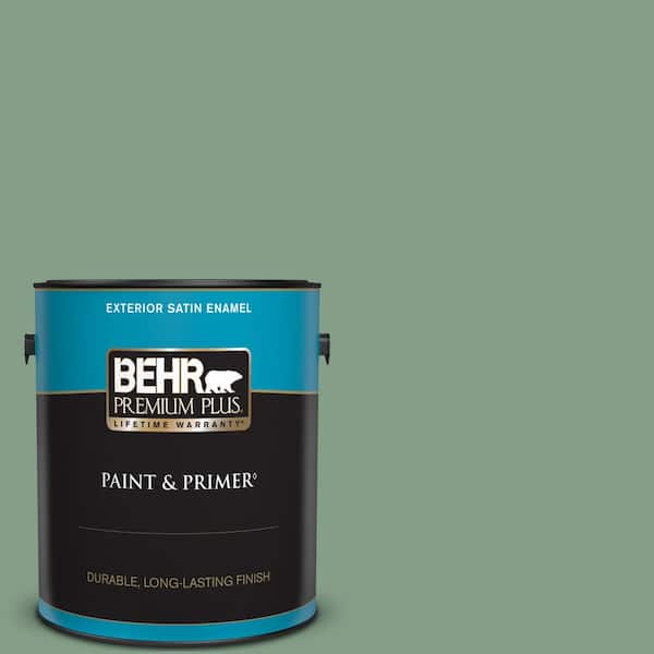 BEHR PREMIUM PLUS 1 gal. #S410-5 Track Green Satin Enamel Exterior Paint & Primer