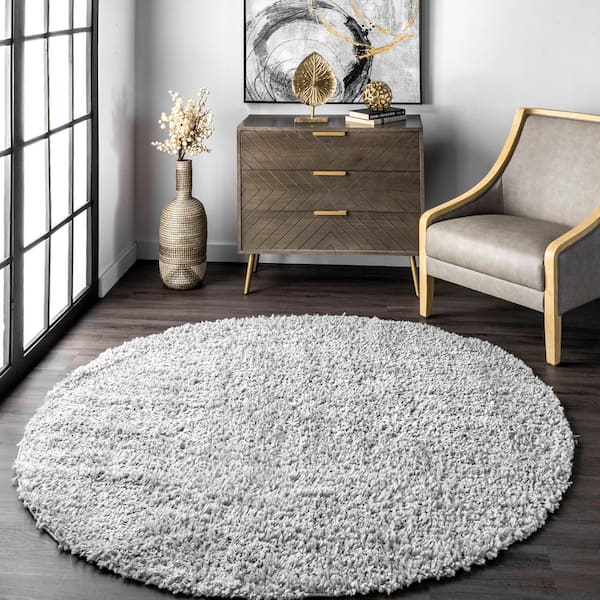 Kara Solid Shag Gray 6 ft. x 6 ft. Round Area Rug