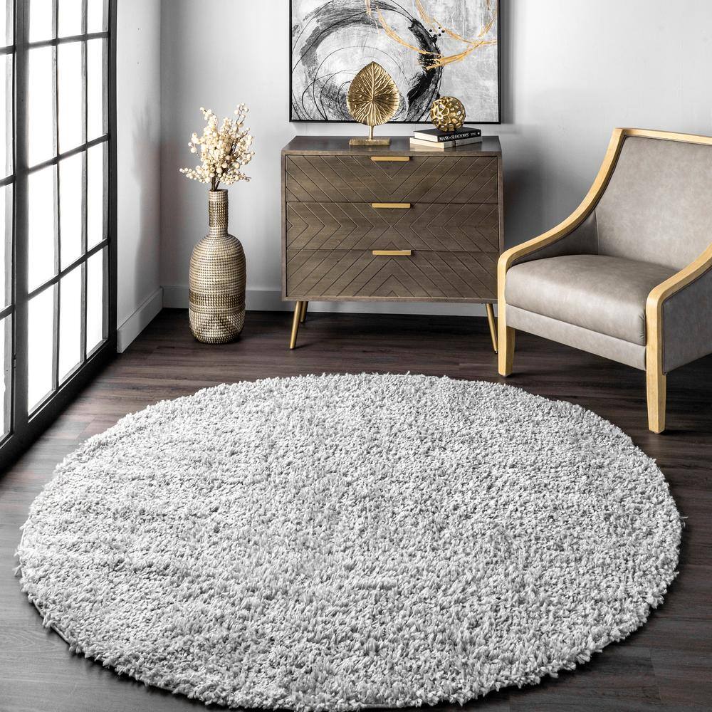 Luxurious Gray Solid Shag Round Synthetic Rug - Easy Care