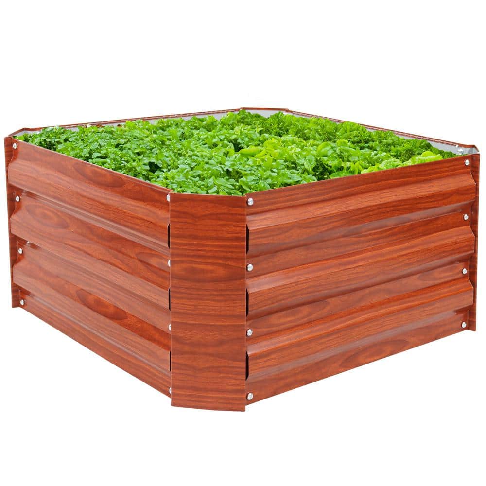 24" Square Brown Woodgrain Galvanized Steel Raised Garden Bed