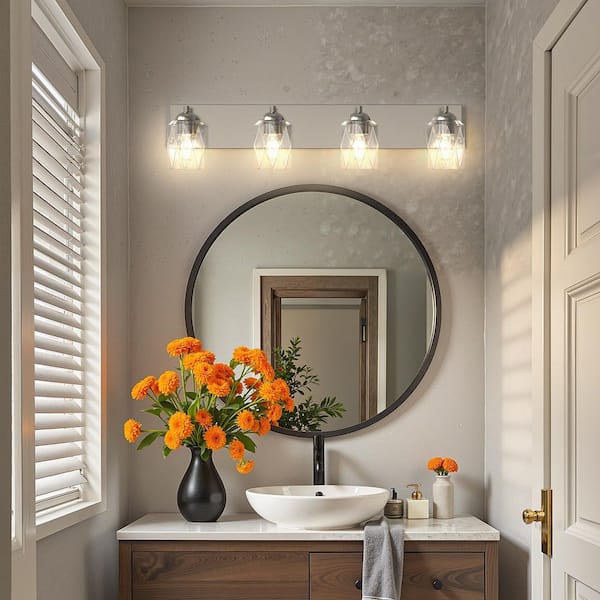 27 in. 4 Light Nickel Modern Unique Cylinder Vanity Light for Bathroom Mirror with Glass Shades