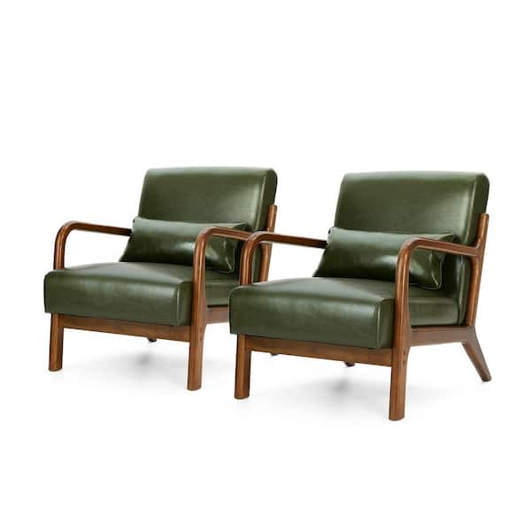 Glitzhome 26 in. Mid-Century Modern Green Faux Leather Arm Chair