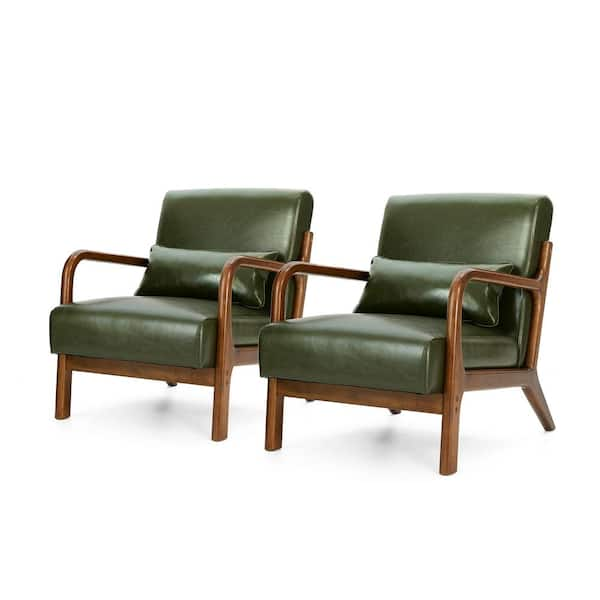 Glitzhome Mid-century modern Hunter Green Leatherette Accent Arm Chair with  Walnut Ruber Wood Frame (Set of 2) GH2001100045 - The Home Depot