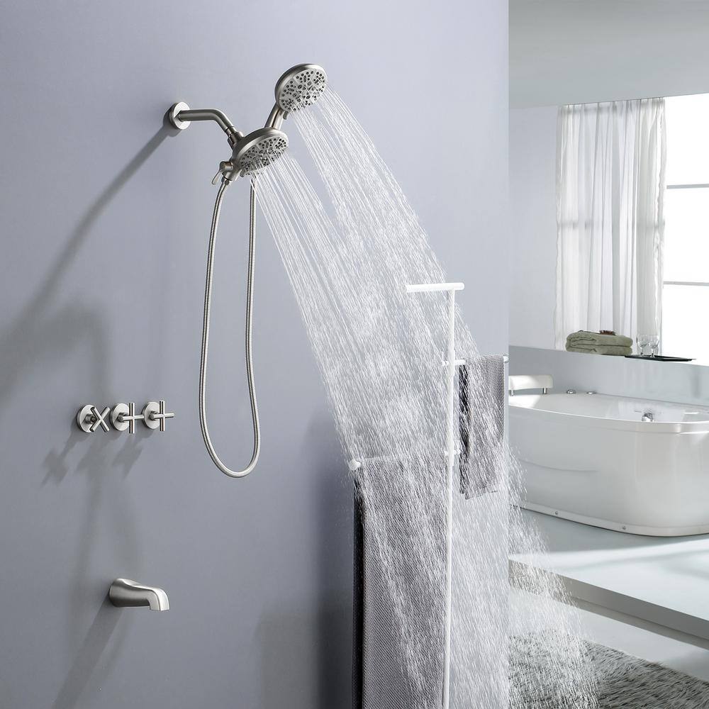 Brushed Nickel Triple Handle Rain Shower Faucet Set with Handheld