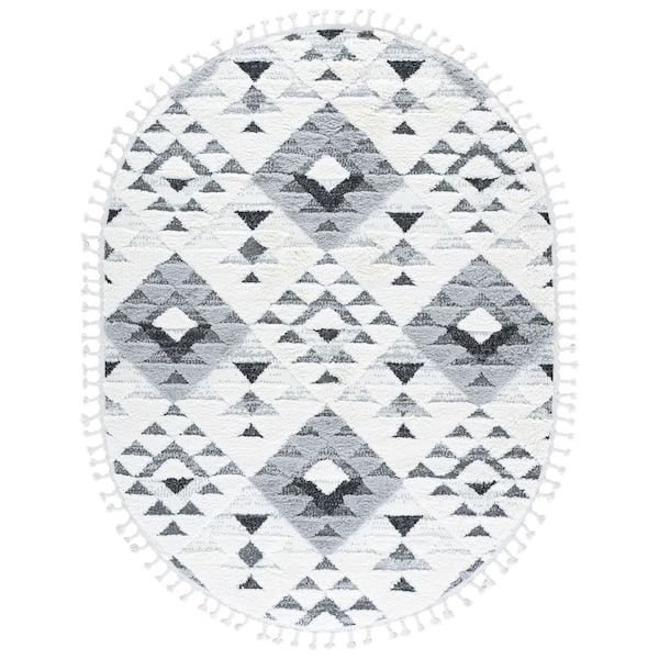 Moroccan Tassel Shag 6 ft. x 8 ft. Oval Ivory/Gray High-Low Geometric Fringe Area Rug