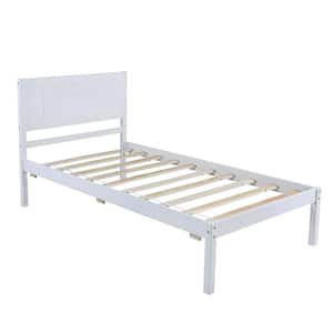 58 in.W White Wood Frame Twin Size Platform Bed, Twin Bed with Headboard, No Box Spring Needed