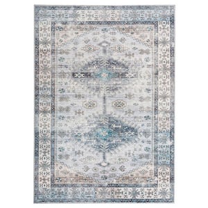 Nyx Multicolor 8 ft. x 10 ft. Vintage Blue Border Design Soft Polyester Fabric Rectangle Floor Area Rug