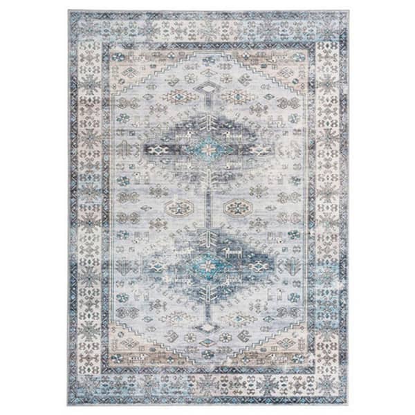 Benjara Nyx Multicolor 8 ft. x 10 ft. Vintage Blue Border Design Soft Polyester Fabric Rectangle Floor Area Rug