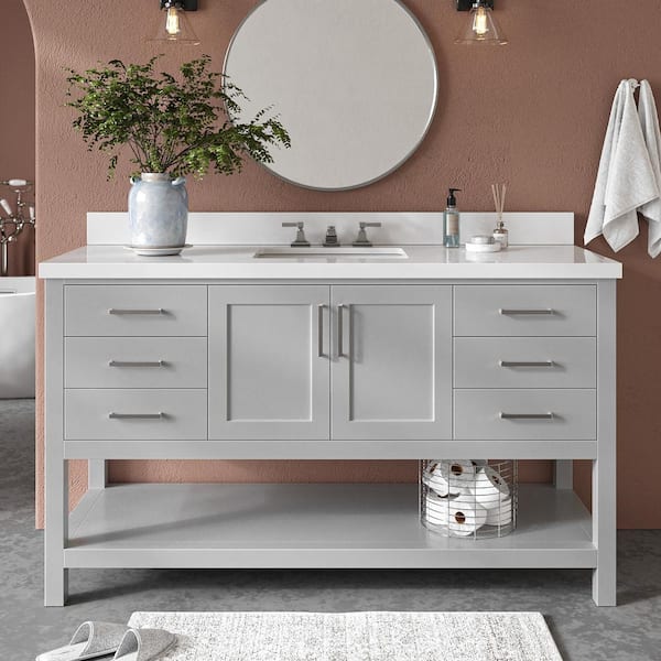 ARIEL Magnolia 61 in. W x 22 in. D x 36 in. H Bath Vanity in Grey with Pure Quartz Vanity Top in White with White Basin