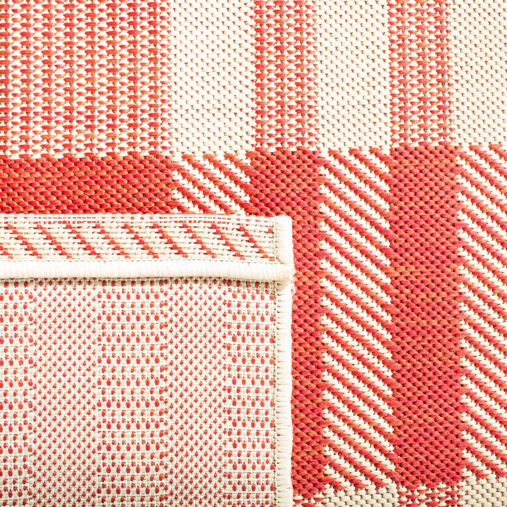 Red and Bone Plaid Synthetic Square Indoor/Outdoor Rug