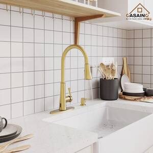 Single-Handle Pull Down Sprayer Kitchen Faucet with Touchless Sensor, LED, Soap Dispenser and Deckplate in Brushed Gold