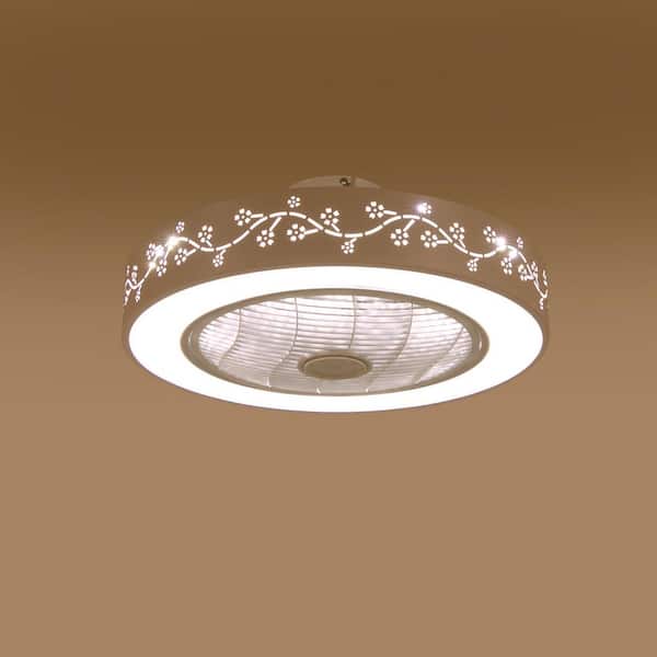 OUKANING 21.65 in. Modern Flower Pattern Enclosed Round Integrated LED Indoor White Ceiling Fan with Remote
