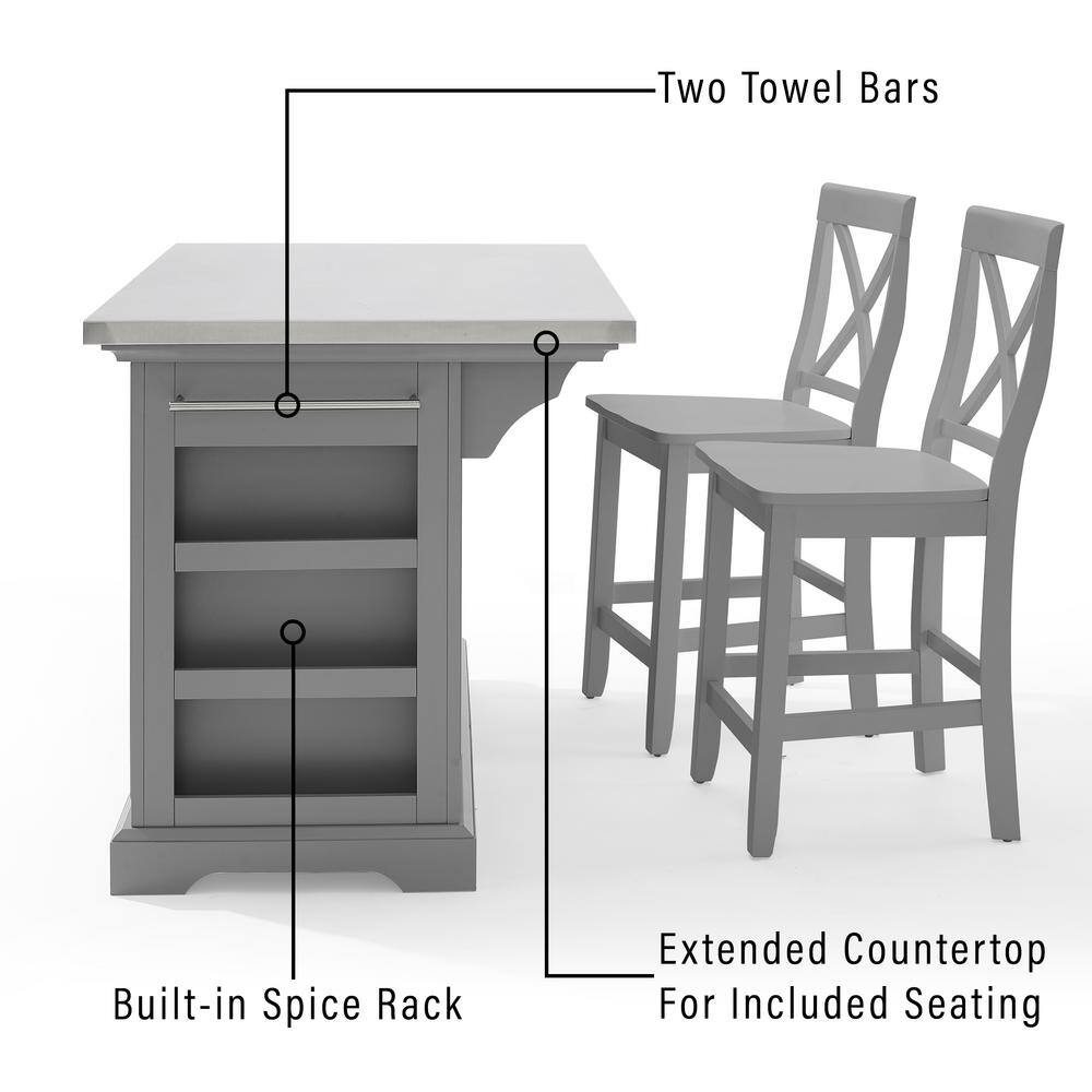 Julia 50'' Gray Stainless Steel Top Kitchen Island Set with X-Back Stools