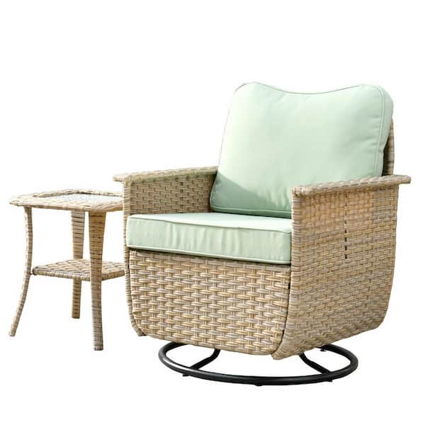 Athena Biege 2-Piece Wicker Outdoor Patio Conversation Set with Light Green Cushions and Swivel Chairs