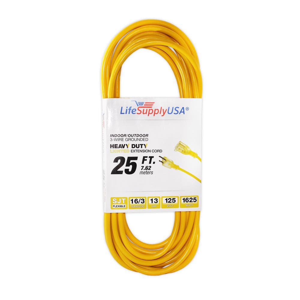 LifeSupplyUSA 25 ft. 16/3 SJT 13 Amp 125-Volt 1625-Watt Lighted End Indoor/Outdoor  Heavy-Duty Extension Cord (50-Pack) 5016325FT The Home Depot