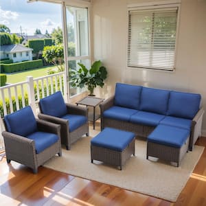 Nyajiah 6-Piece Wicker Patio Conversation Set with Blue Cushions